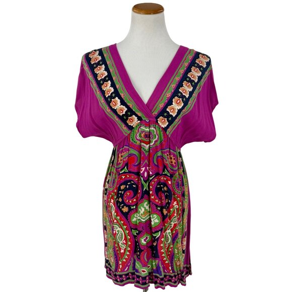 Vintage 90s Angie Multicolored Print Boho Rayon Casual Summer Mini Dress Tunic - Picture 2 of 16